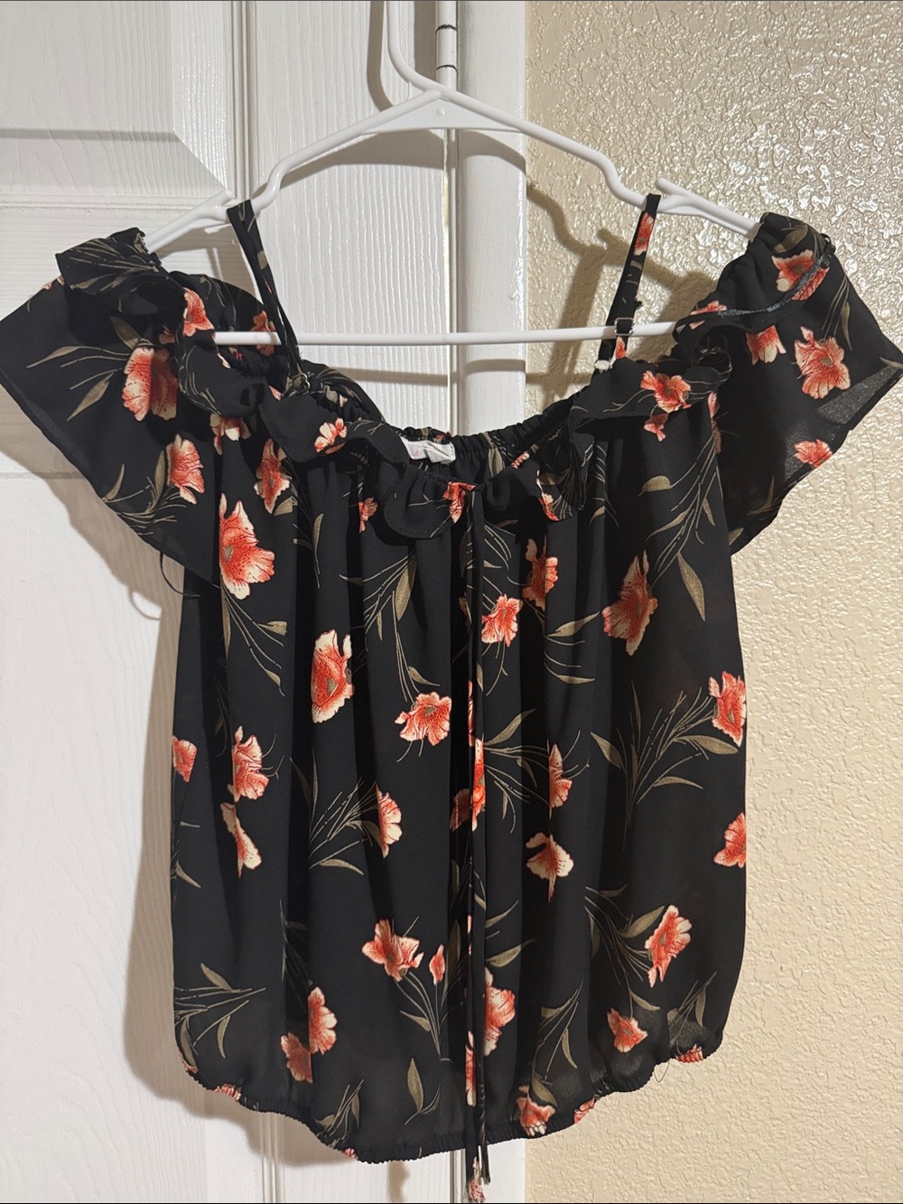 Sienna Sky Black Off-Shoulder Camisole with Coral Floral Print